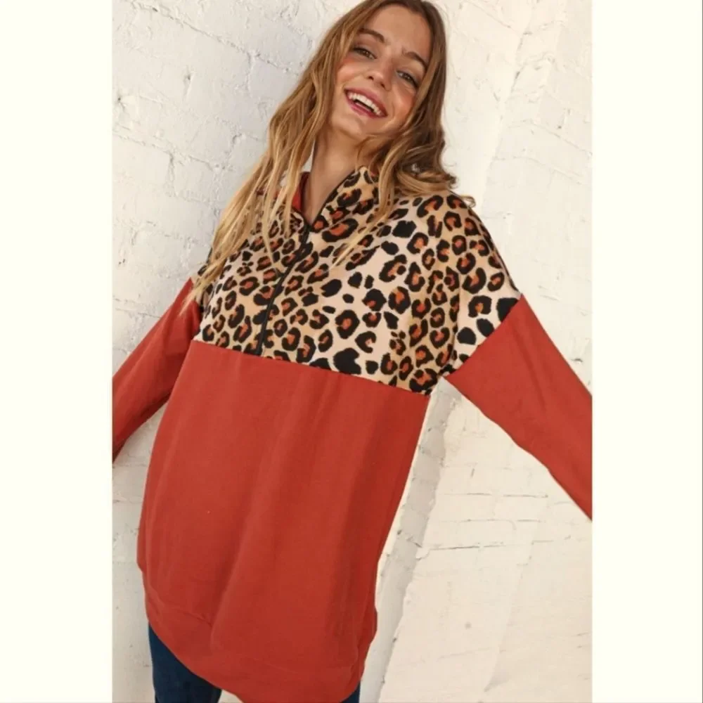 Rust Animal Print Color Block Zip Top - Picture 2 of 3